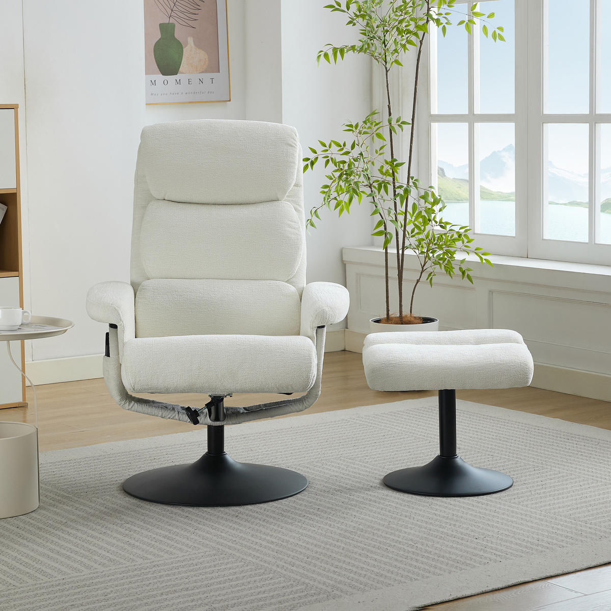 RELAXSESSEL Chenille Weiß mit Massagefunktion, Heizfunktion und Hocker - Weiß, Textil/Metall (50/94/98cm) - WISHDOR