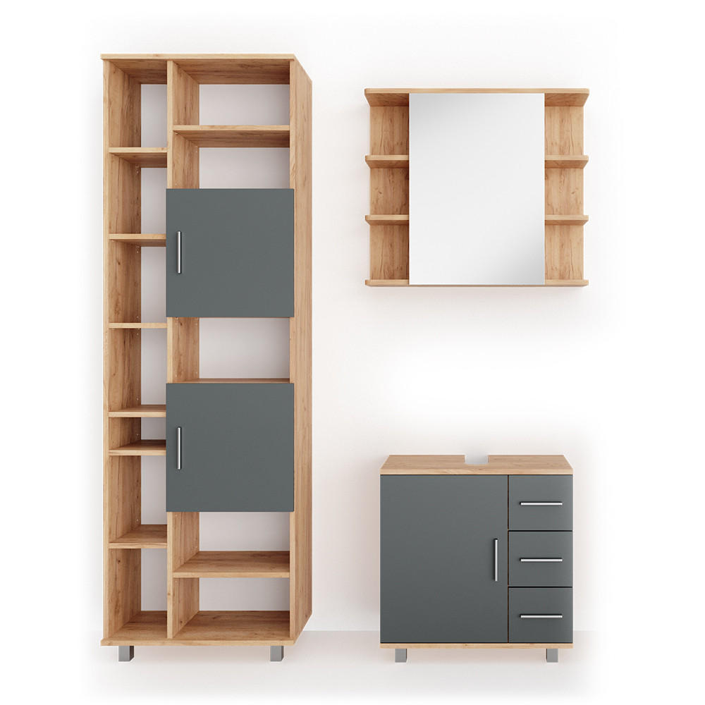 BADMÖBEL-SET Ilias Eiche 3 Teile, mit Unterschrank 60 cm - Eichefarben/Anthrazit, Holzwerkstoff (60/60.8/33cm) - Vicco