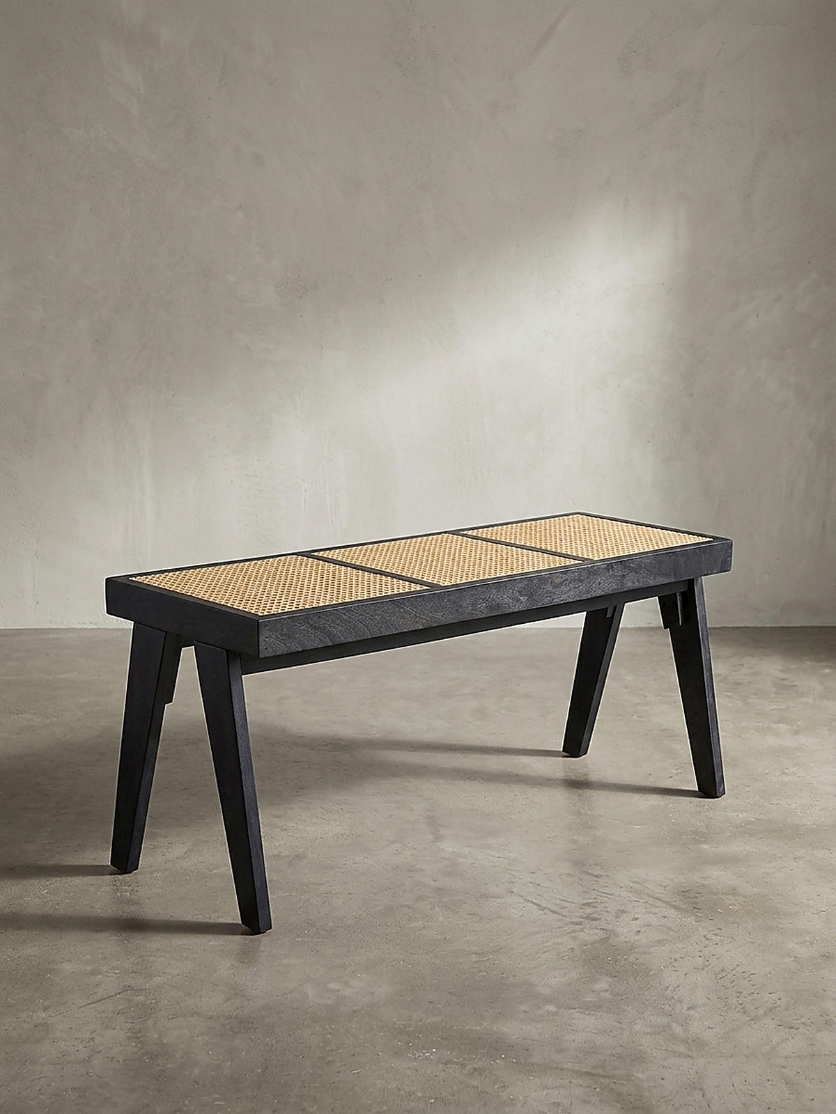 SITZBANK SILVES, Rattan, Schwarz-Natur, 120 x 38 x 48 cm - Beige/Schwarz, Akazienholz/Naturmaterialien (120/48/38cm) - KADIMA DESIGN