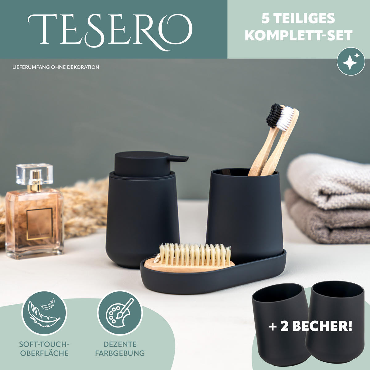 BAD-ACCESSOIRES-SET TESERO 5tlg., Soft-Touch, schwarz - Schwarz, Kunststoff (8.5/12/9cm) - eluno