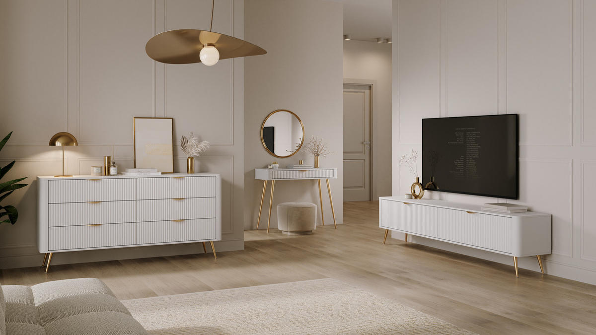 SIDEBOARD Flore 163 cm Weiß / Gold - mit 6 Schubladen und Riffel-Optik - Gelb/Goldfarben, Holz/Holzwerkstoff (163/81/38cm) - Ravio