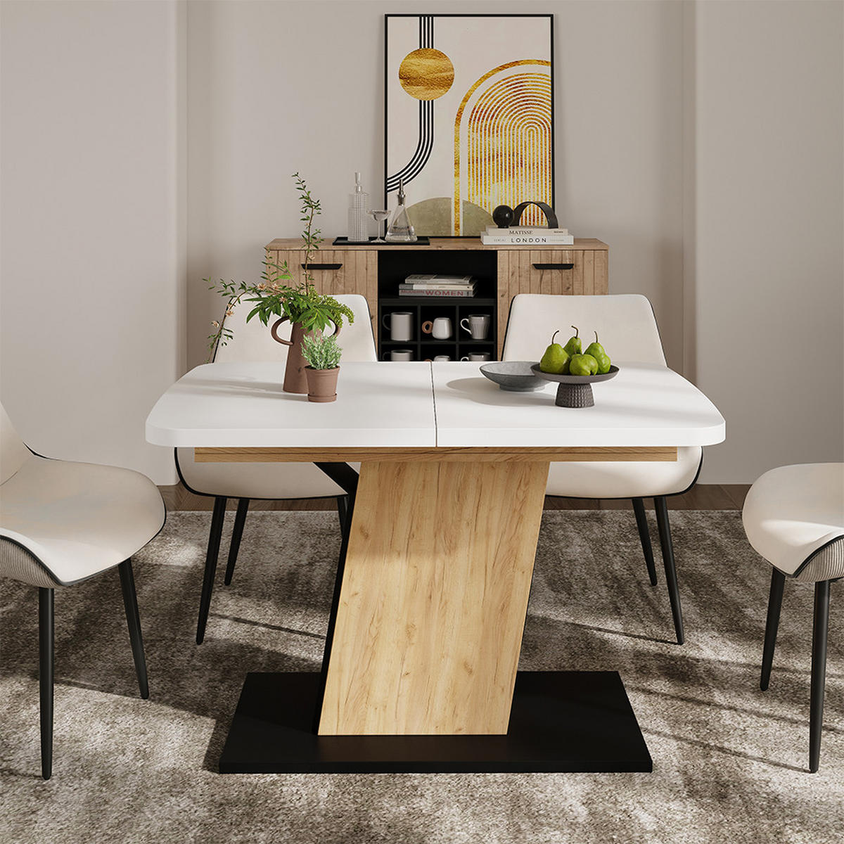 ROZKLÁDACÍ JÍDELNÍ STŮL Fenaro Bílá/černá/zlatý dub - bílá/medově dubová, kompozitní dřevo (80/120/77.3cm) - Vicco