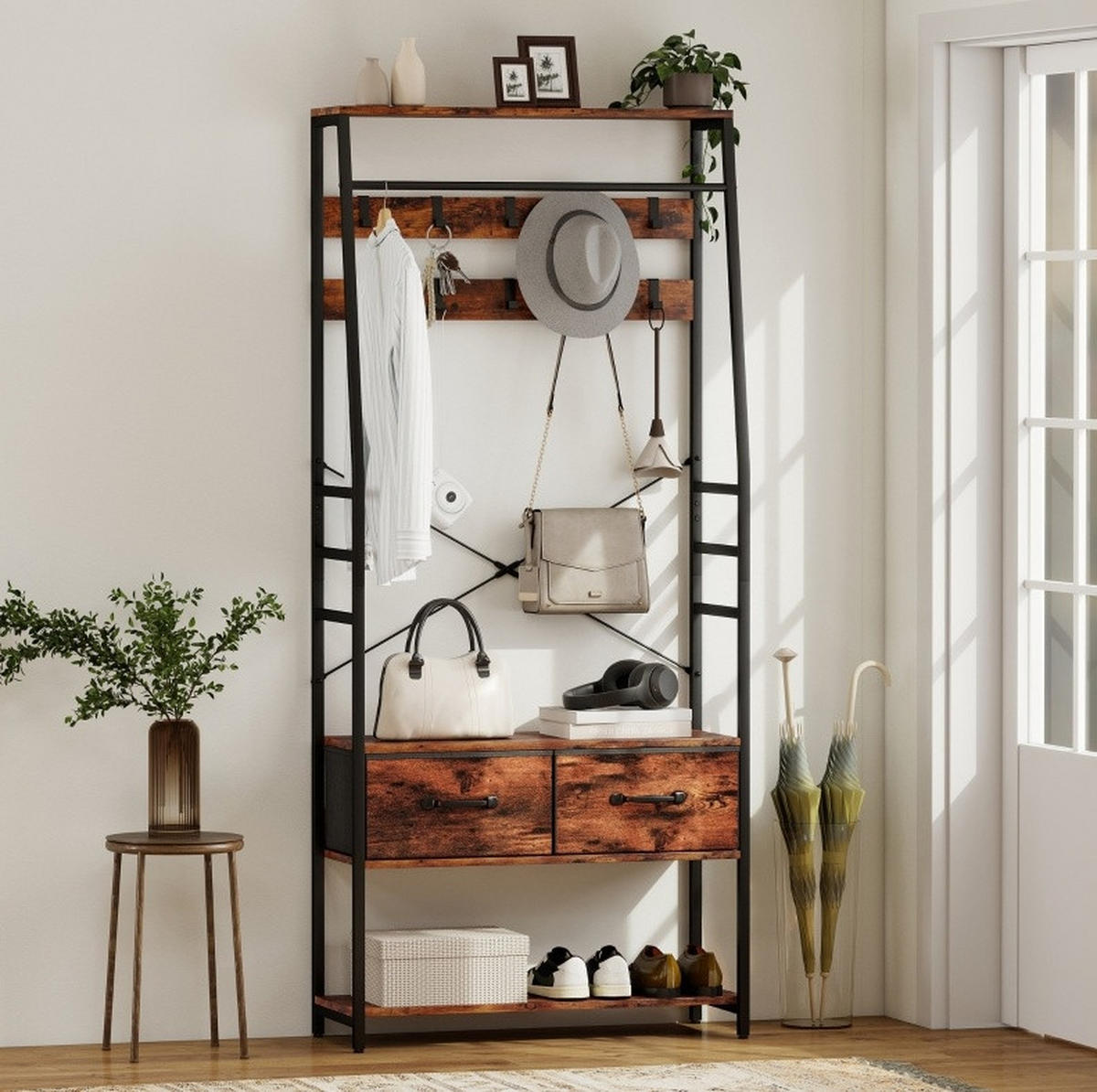 GARDEROBE 80/180/30 cm Braun aus Holz und Metall mit Schuhregal - Braun, Holz (30/180/80cm) - OKMYHOME