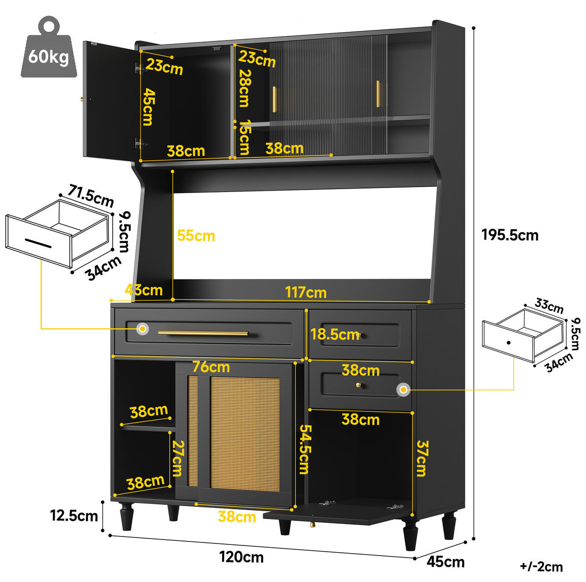 ANRICHTE Hochschrank 120/45/195,5 cm aus MDF und Holzwerkstoff mit LED-Beleuchtung Schwarz - Schwarz, Holzwerkstoff (120/195.5/45cm) - Modenvie
