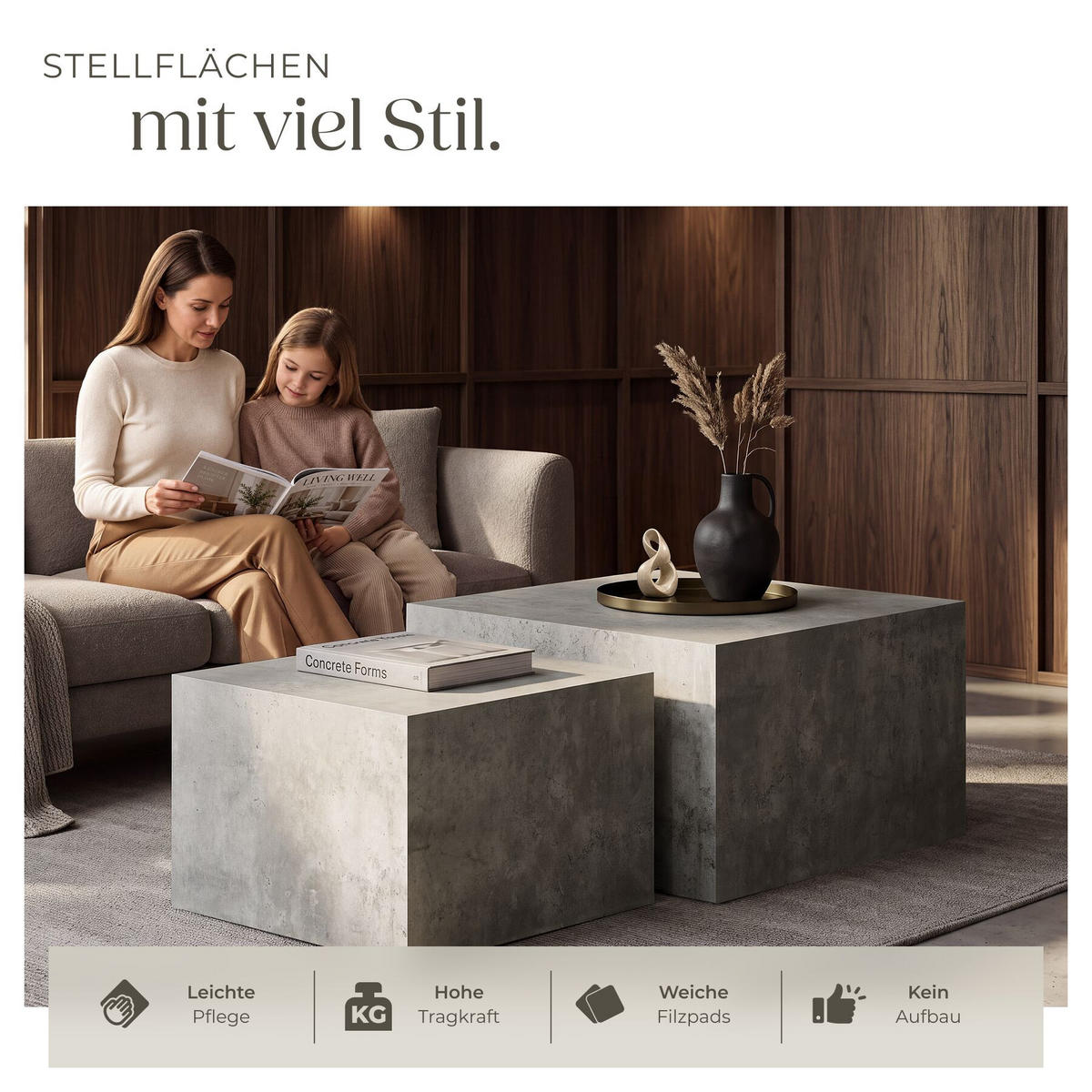 COUCHTISCH 2er Set Lacey, inkl. Filzschoner, Belastbarkeit 45 kg, Beton Optik - Grau, Holz (60/60/40cm) - tectake