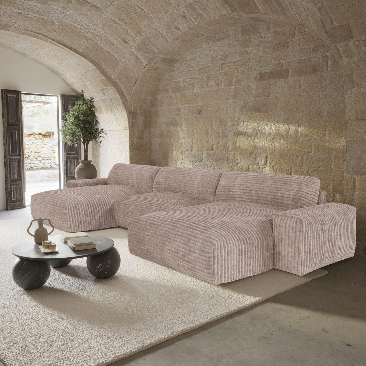 WOHNLANDSCHAFT Gerippter Samt XXL Taupe 220cm - Taupe, Textil (220/75/120cm) - Sia Home