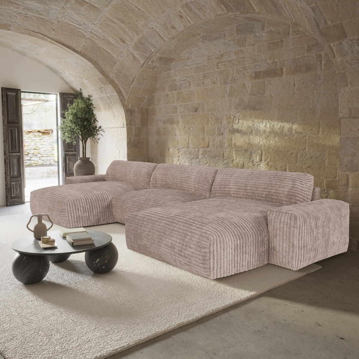 WOHNLANDSCHAFT Gerippter Samt XXL Taupe 220cm - Taupe, Textil (220/75/120cm) - Sia Home