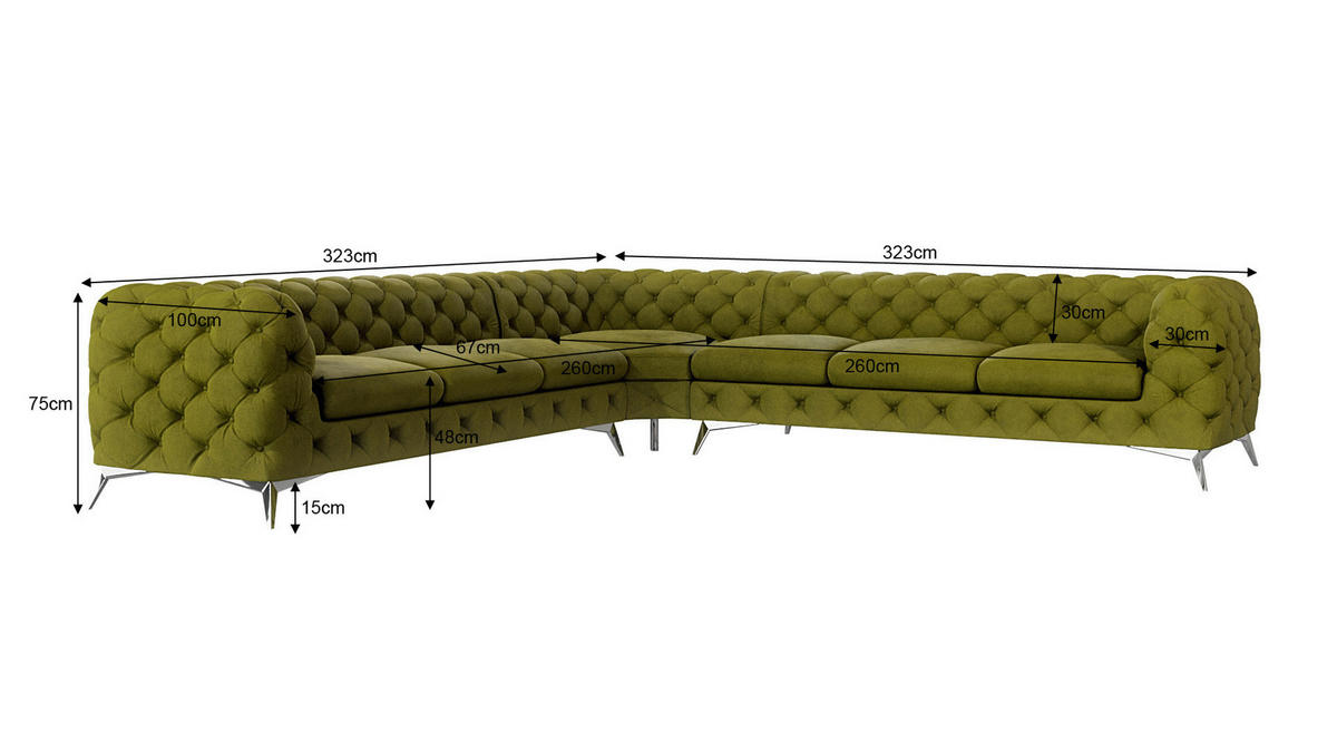 ECKSOFA Chesterfield Laura Olive Samt - Silberfarben/Olivgrün, Holz/Textil (323/323cm) - S-Style Möbel