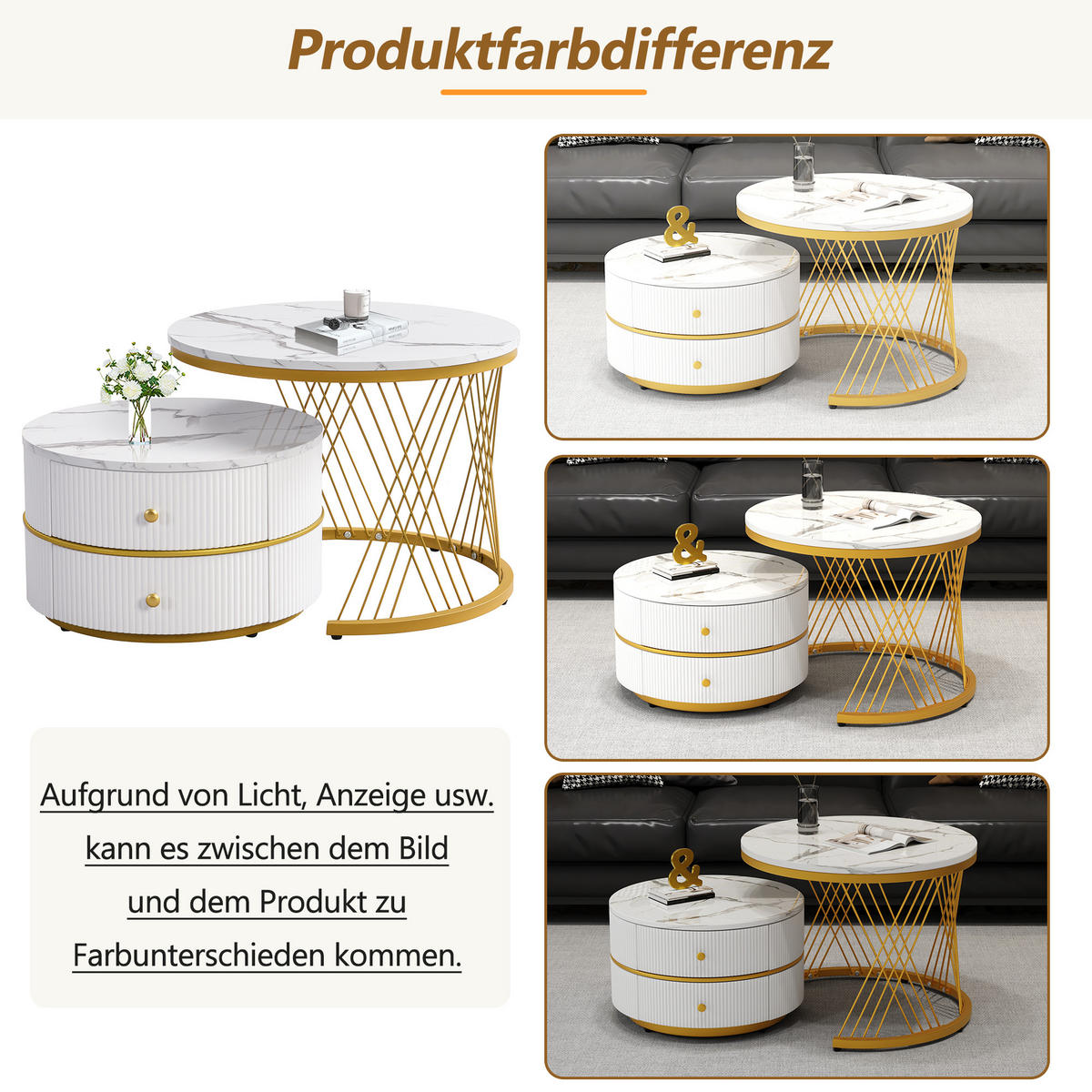 COUCHTISCH DE-155 Set Nesting Weiß mit Marmoroptik - Weiß, Holzwerkstoff (60/60/46cm) - ComfortXL