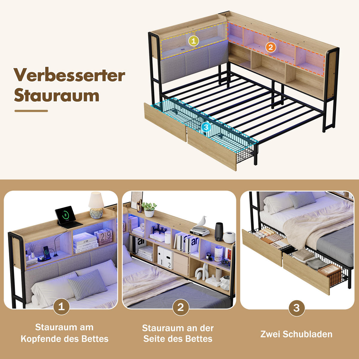 POLSTERBETT 90/200 cm in Natürlich mit 2 Schubladen, LED-Beleuchtung und USB-/Type-C-Ladeanschlüssen - Naturfarben, Metall (90/200cm) - Oxeza