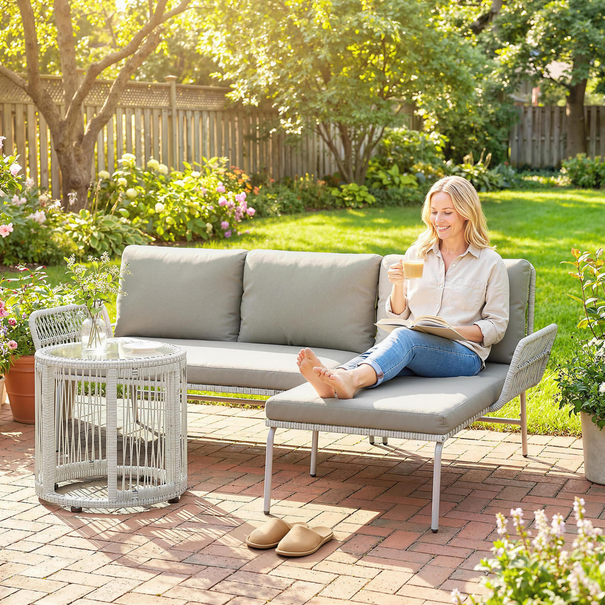 RATTAN-GARTENMÖBEL-SET 3er Set PE-Rattan Metall Hellgrau - Hellgrau, Kunststoff/Textil - Outsunny