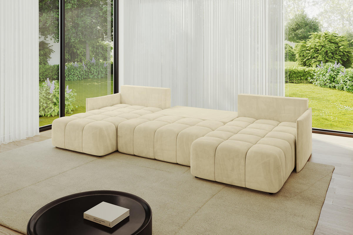 WOHNLANDSCHAFT LONLI-U 355x189x68 Beige Velours - Taupe, Holzwerkstoff/Kunststoff (350/68/190cm) - ALTDECOR