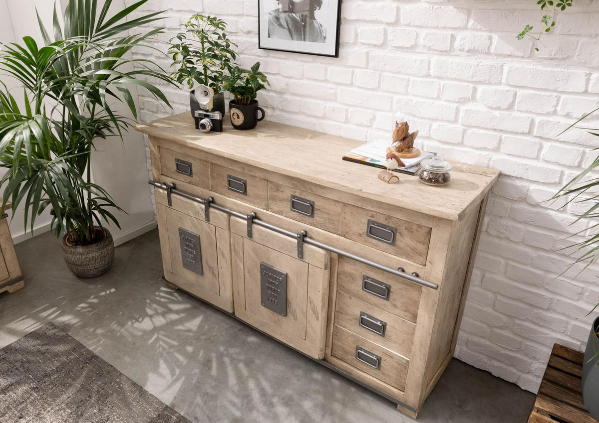 SIDEBOARD Mango 150x45x90 whitewash lackiert RAILWAY #320 - Beige, Holz (150/90/45cm) - Massivmoebel24