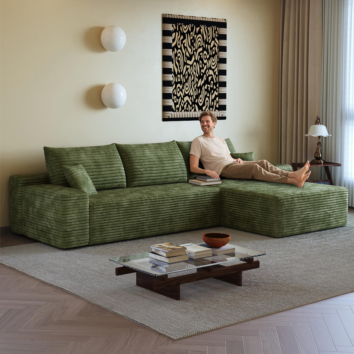 ECKSOFA 270/175/83 cm Grün Cord mit Chaiselongue, Rechte Seite - Grün, Textil (270/175cm) - Oxeza