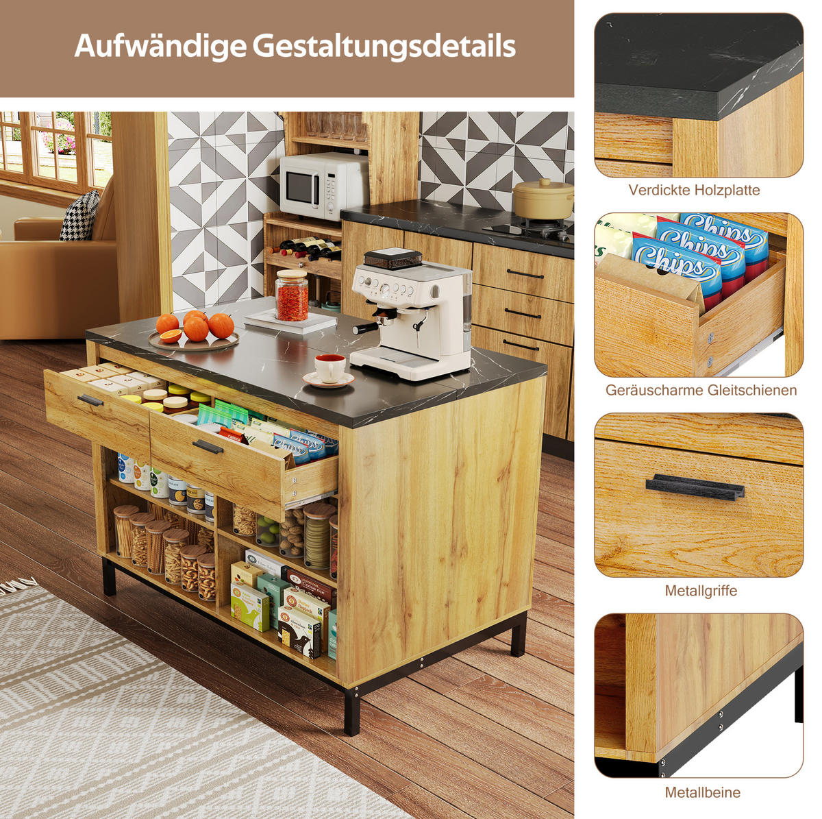 KÜCHENINSEL 120x75x90cm Holzfarbe Marmor mit Schubladen & Barhockerbereich - Naturfarben, Holzwerkstoff (120/90/75cm) - Modfu