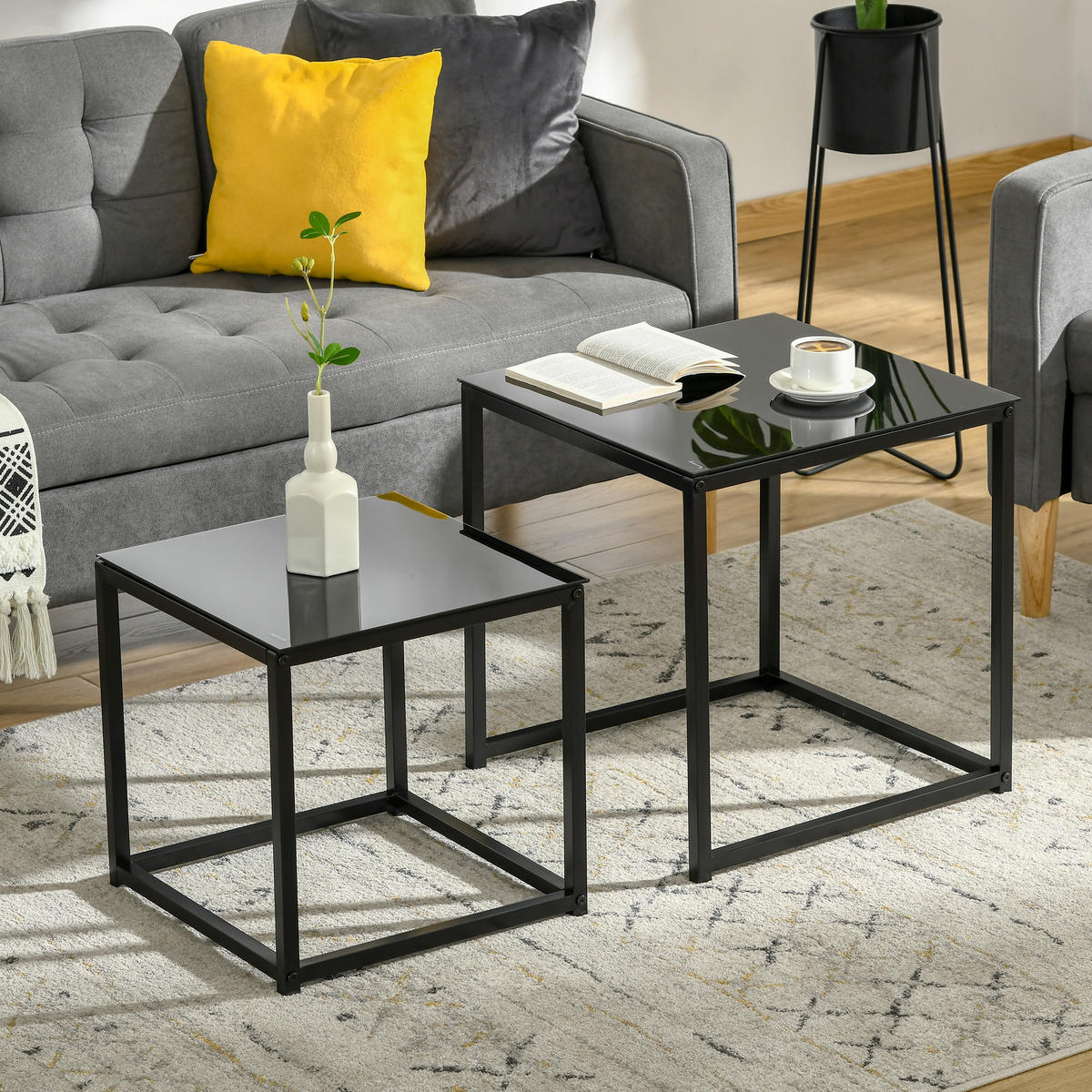 BEISTELLTISCH-SET, Stahl, Glas, Schwarz - Schwarz, Metall (50/50/52cm) - HOMCOM