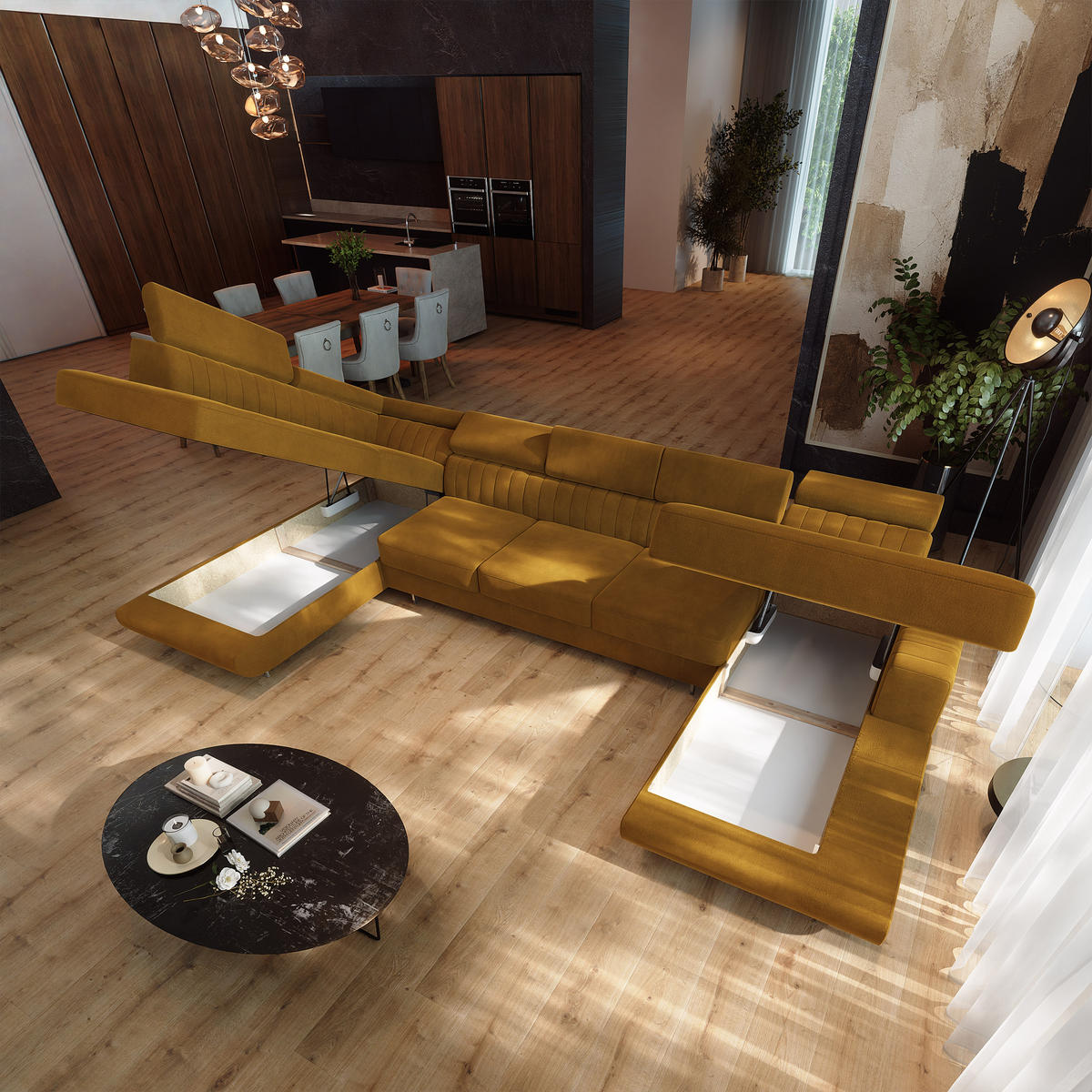 WOHNLANDSCHAFT GAIAN Gelb Velours-Stoff mit Schlaffunktion - Gelb, Holz (412/88/190cm) - MASSENO