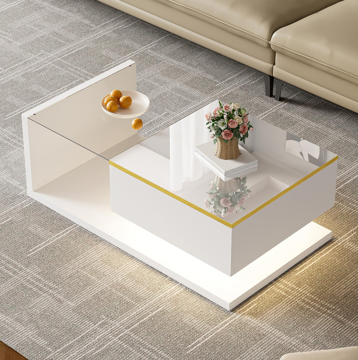 COUCHTISCH 90/50/32.5 cm in Hochglanzweiß aus Spanplatte und Glas mit LED-Beleuchtung - Weiß, Holzwerkstoff (90/50/32.5cm) - OKMYHOME