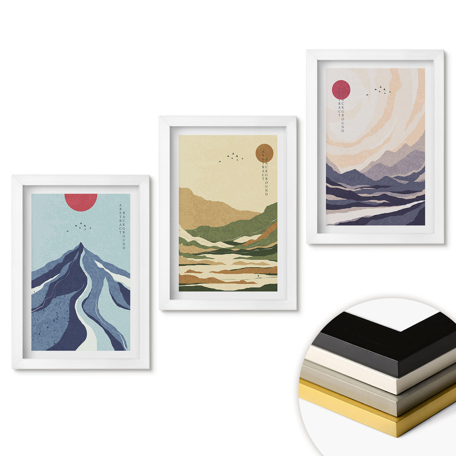 WANDBILDER 3er-Set - 20x30 cm Weißer Rahmen - Pastellfarbene Berge im Japandi-Stil - Weiß, Kunststoff (20/30cm) - ArtPrintCave