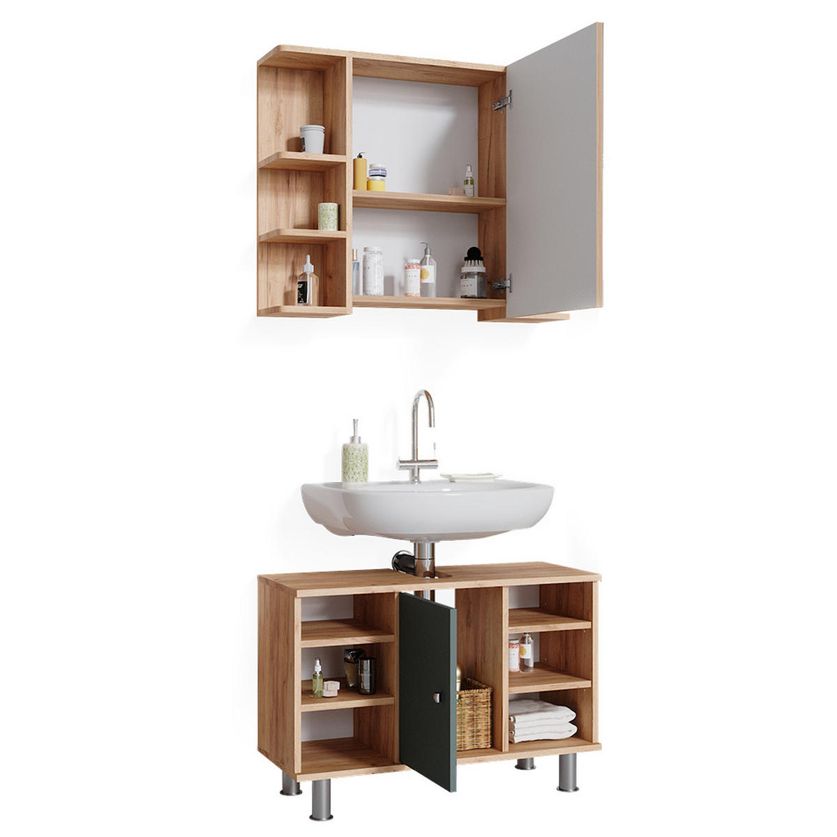 BADMÖBEL-SET Fynn Grün 2 Teile, Unterschrank 80 cm - Honigeiche/Grün, Holzwerkstoff (60/54/32cm) - Vicco