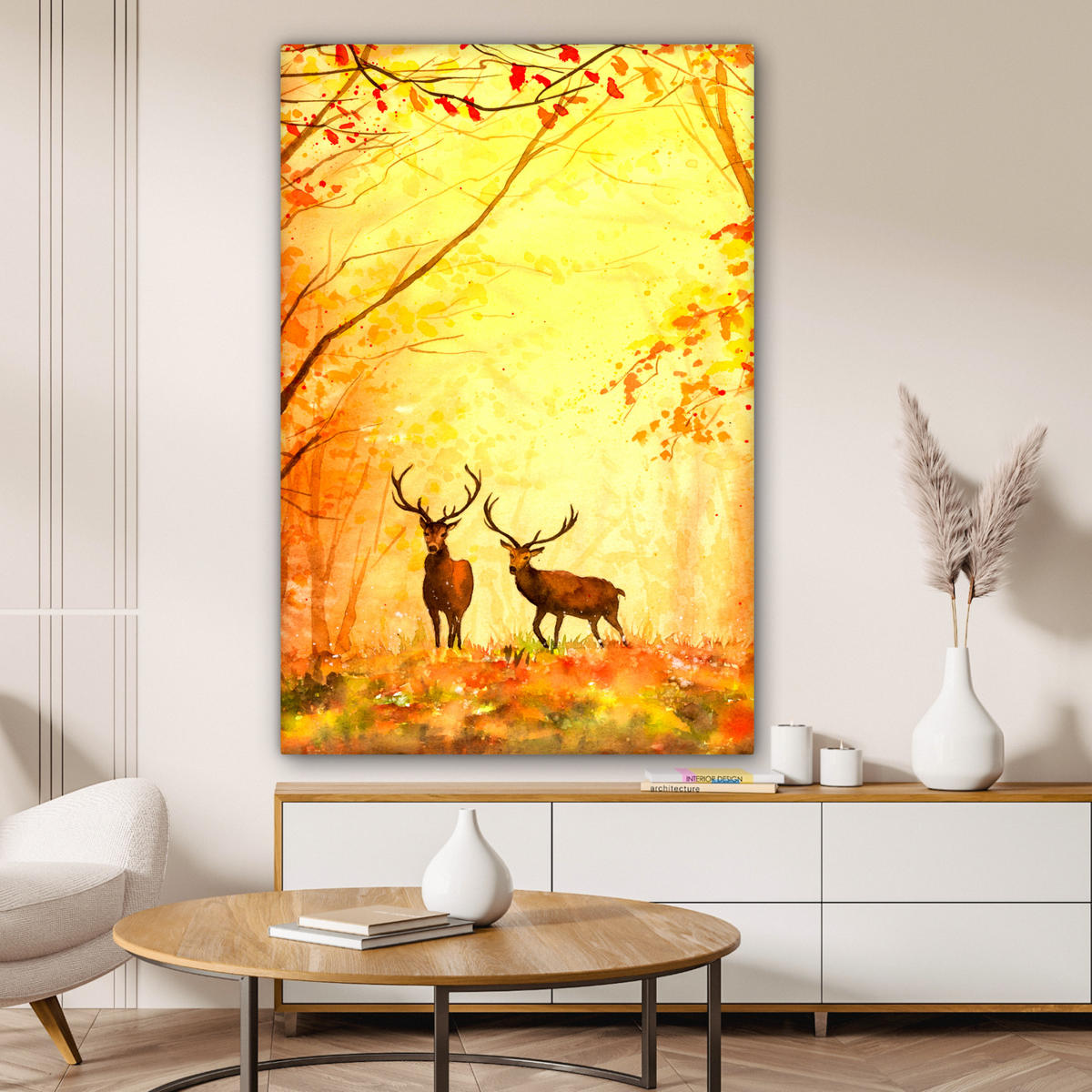LEINWANDBILD Natur - Ölfarbe - Hirsche - Tiere - Herbst - Orange Deko Groß 90x140 cm - Orange, Textil (90/140cm) - MuchoWow