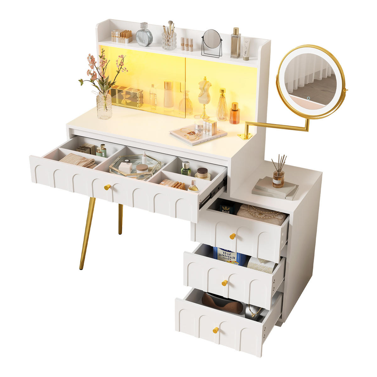 SCHMINKTISCH WEISS mit schwenkbarem LED-Spiegel und Glasschiebetüren 112x40x116 cm - Weiß, Holzwerkstoff (40/116/112cm) - Bomclap