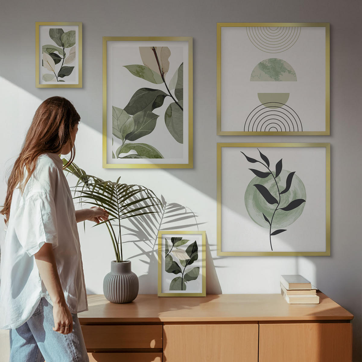 BILDER SET 5er Set - 50x50 cm & 20x30 cm & 40x60 cm Goldrahmen - Abstrakte Darstellung gemalter Blätter - Goldfarben, Kunststoff (40/60cm) - TULUP