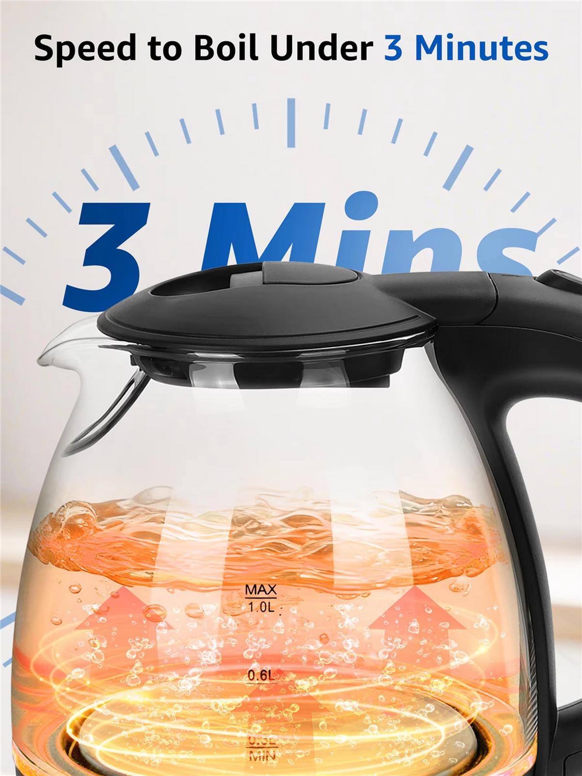 WASSERKOCHER Glas Mini 1L 2200W LED BPA-frei Schwarz - Schwarz, Glas (21.5/22.1/17.5cm) - Kaket