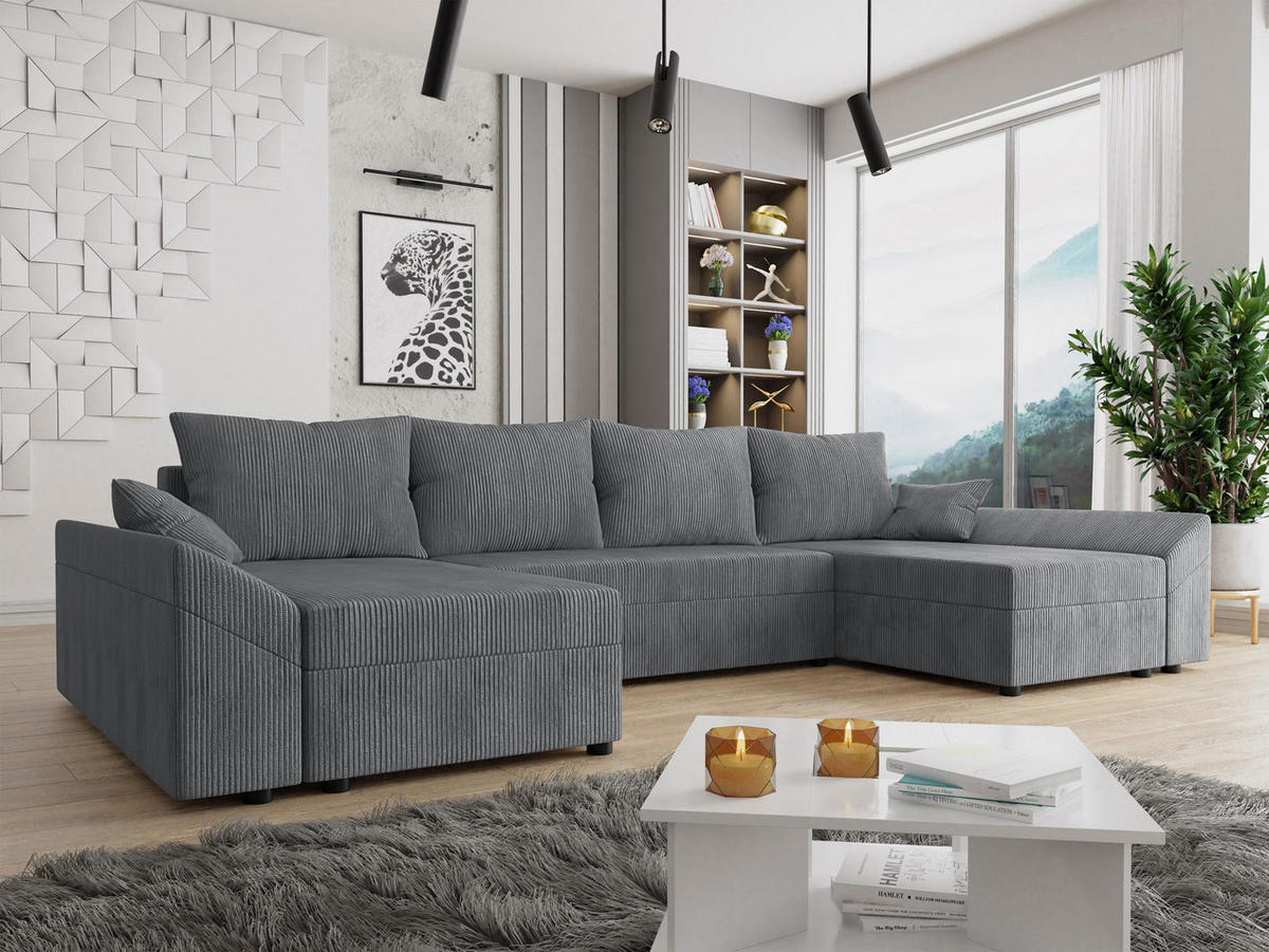 WOHNLANDSCHAFT Dante U Cord - Schwarz/Grau, Holz/Kunststoff (310/82/140cm) - MIRJAN24