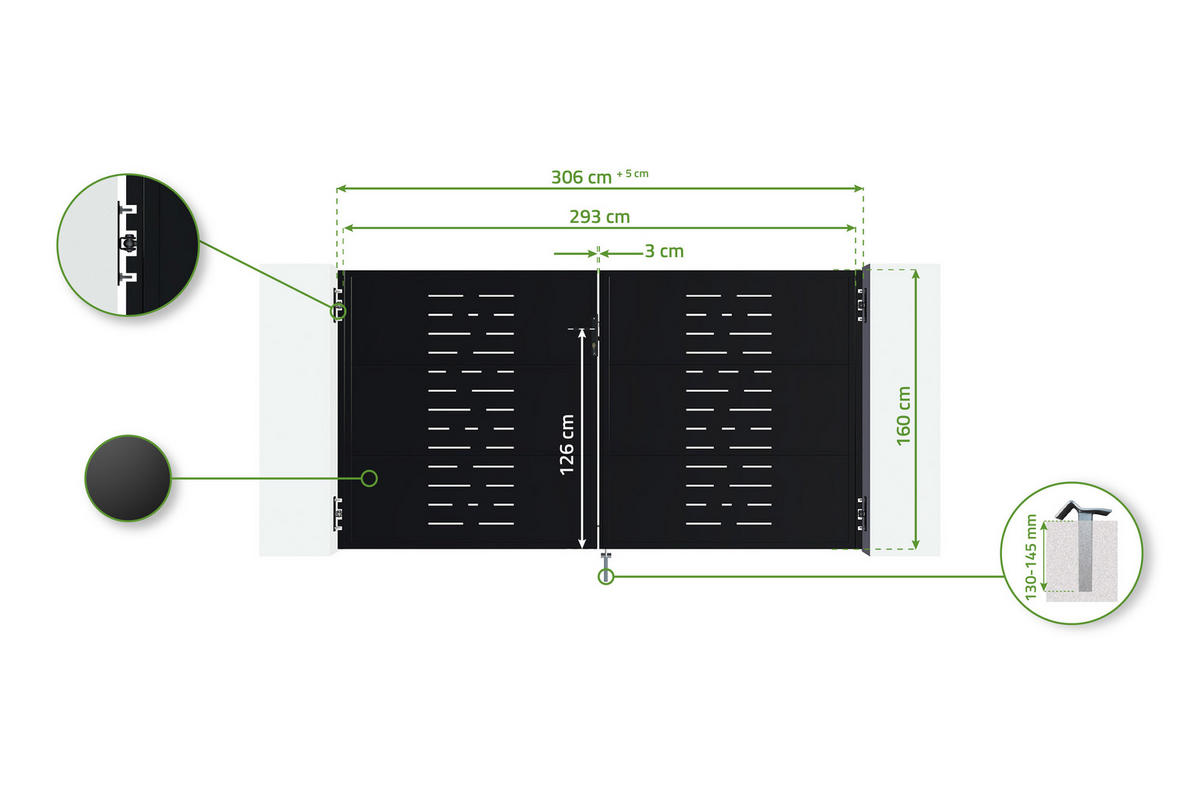 STAHLFLÜGELTOR Nali Arlberg Mattschwarz 3m H.160cm - Schwarz, Metall (293/160cm) - Casanoov