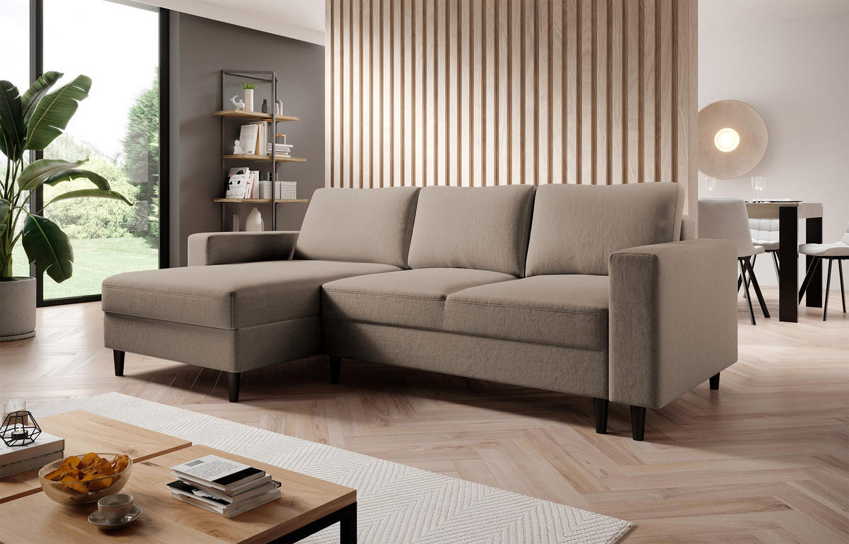 ECKSOFA Nalika Dunkelbeige Velours - Schwarz/Mokka, Holz/Textil (230/143cm) - Selsey