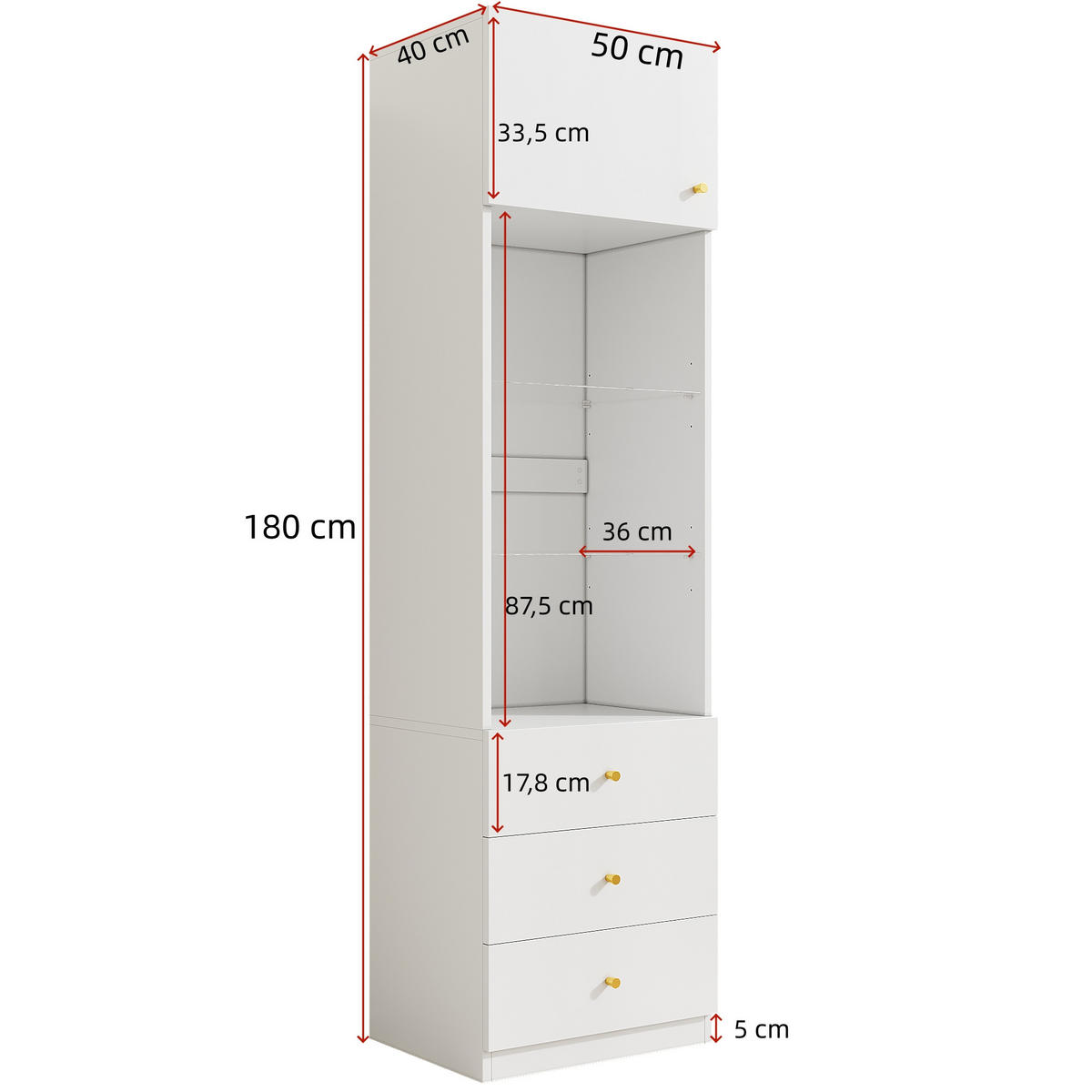VITRINE Weiß 50×40×180 cm aus Holzwerkstoff mit verstellbaren Glasböden drei Schubladen und offenem Stauraum - Weiß, Holzwerkstoff (50/180/40cm) - Luhomfu