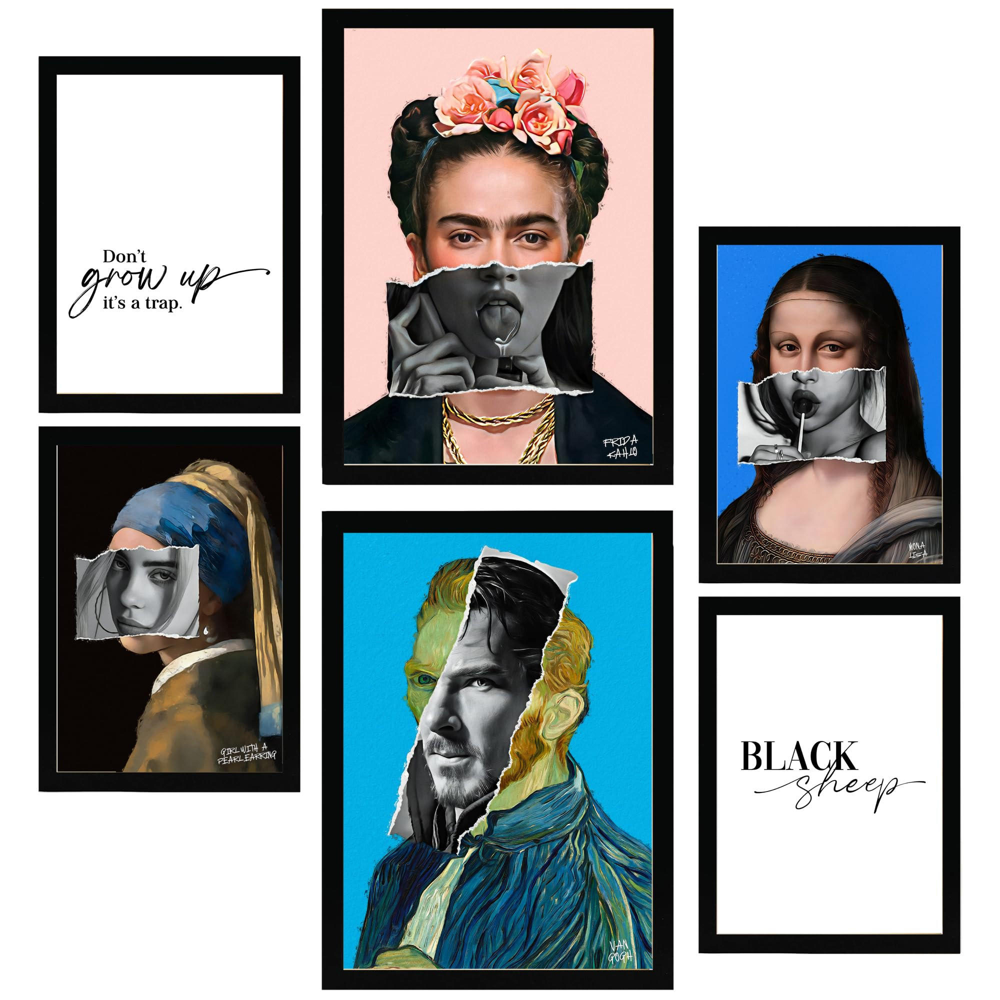 POSTER Set Mit 6 Ikonische Frida Van Gohg Collage Pop Art A3 & A4 Schwarzer Rahmen - Schwarz, Papier (29/3cm) - Nacnic