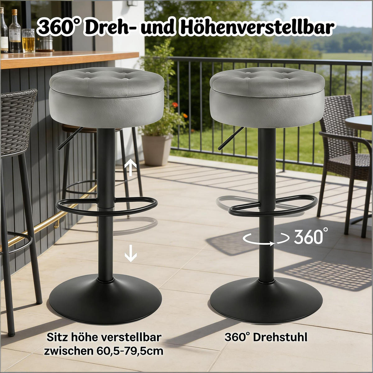 BARHOCKER 1er-Set Hellgrau mit Aufbewahrungsraum Samt & Höhenverstellbar - Hellgrau, Metall (39/79.5/39cm) - PANGIVO