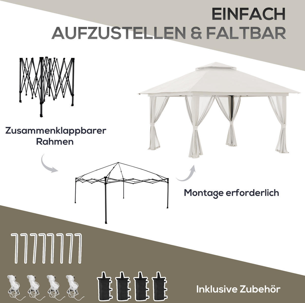 FALTPAVILLON 392/392/283 cm höhenverstellbar mit Doppeldach, UV50+-Schutz und Oxford-Polyesterdach, Cremeweiß - Weiß, Textil (392/283/392cm) - Redom