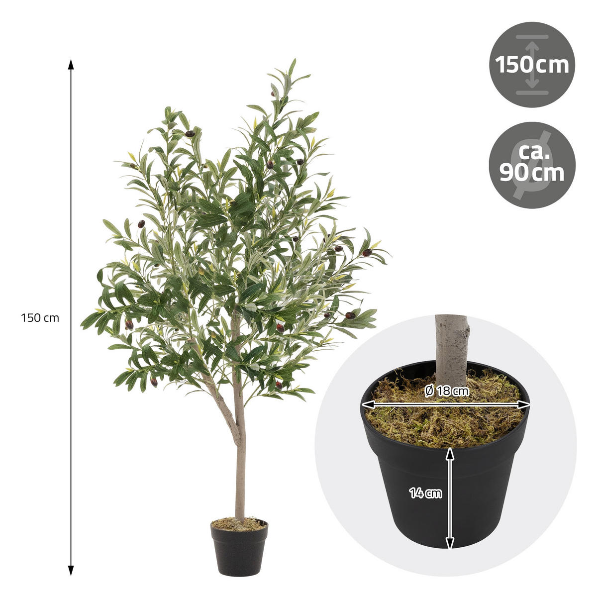 KUNSTPFLANZE Olive - Anthrazit/Grün, Holz/Kunststoff (150cm) - ML-DESIGN