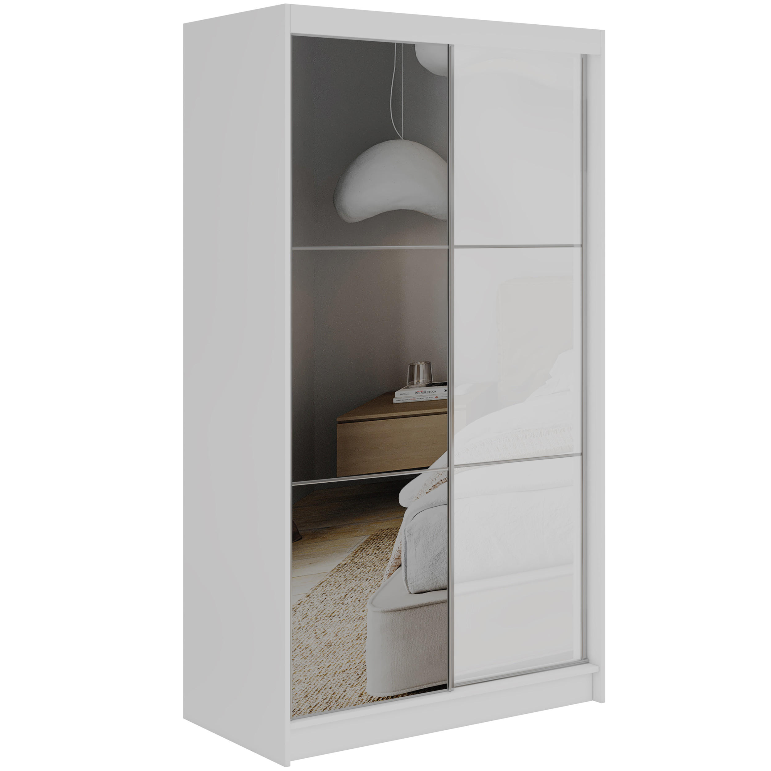 SCHWEBETÜRENSCHRANK mit Spiegel und Schubladen - WALENCJA - 120 - Weiß lacobel - Alufarben/Weiß, Holzwerkstoff/Metall (120/216/61cm) - MKS