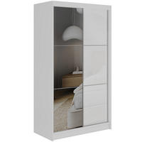 SCHWEBETÜRENSCHRANK mit Spiegel und Schubladen - WALENCJA - 120 - Weiß lacobel - Alufarben/Weiß, Holzwerkstoff/Metall (120/216/61cm) - MKS