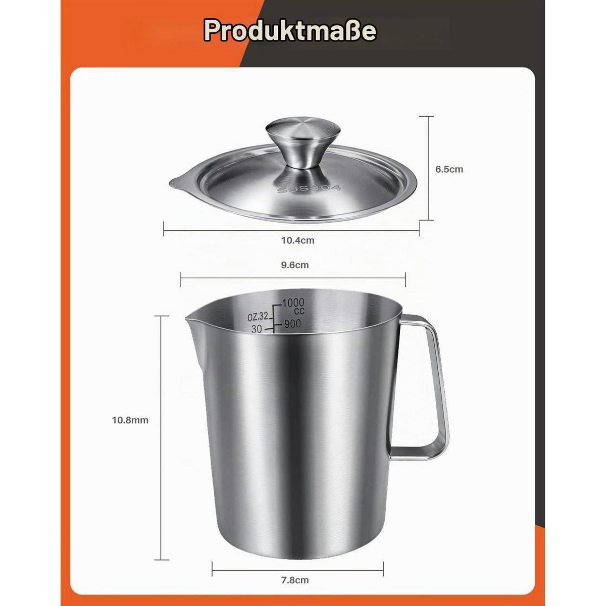 MESSBECHER Edelstahl 1000 ml mit Deckel - Silberfarben, Metall (1L)