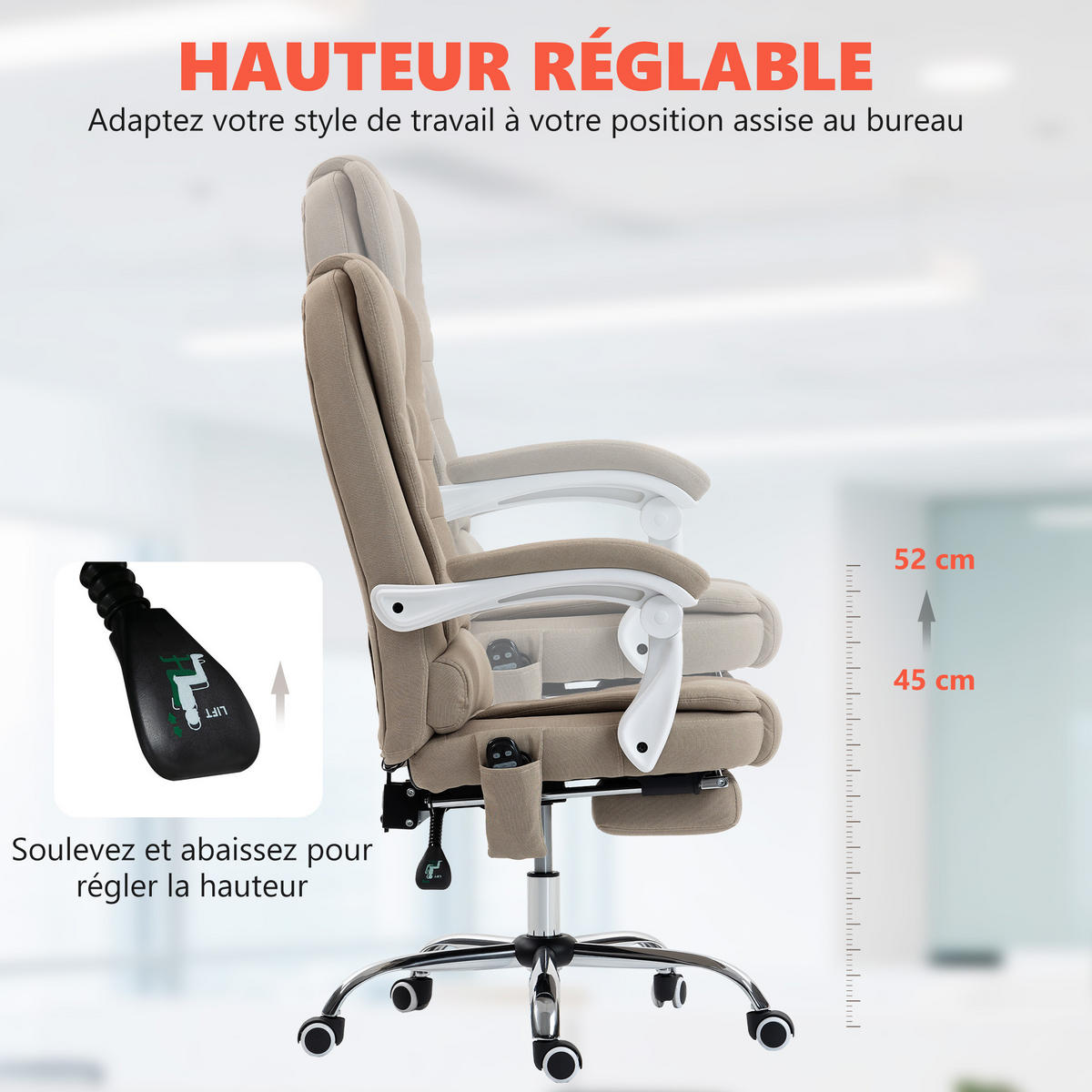 CHEFSESSEL DE-11835 Massage & Heizung Beige - Beige, Textil (70/119/65cm) - ComfortXL