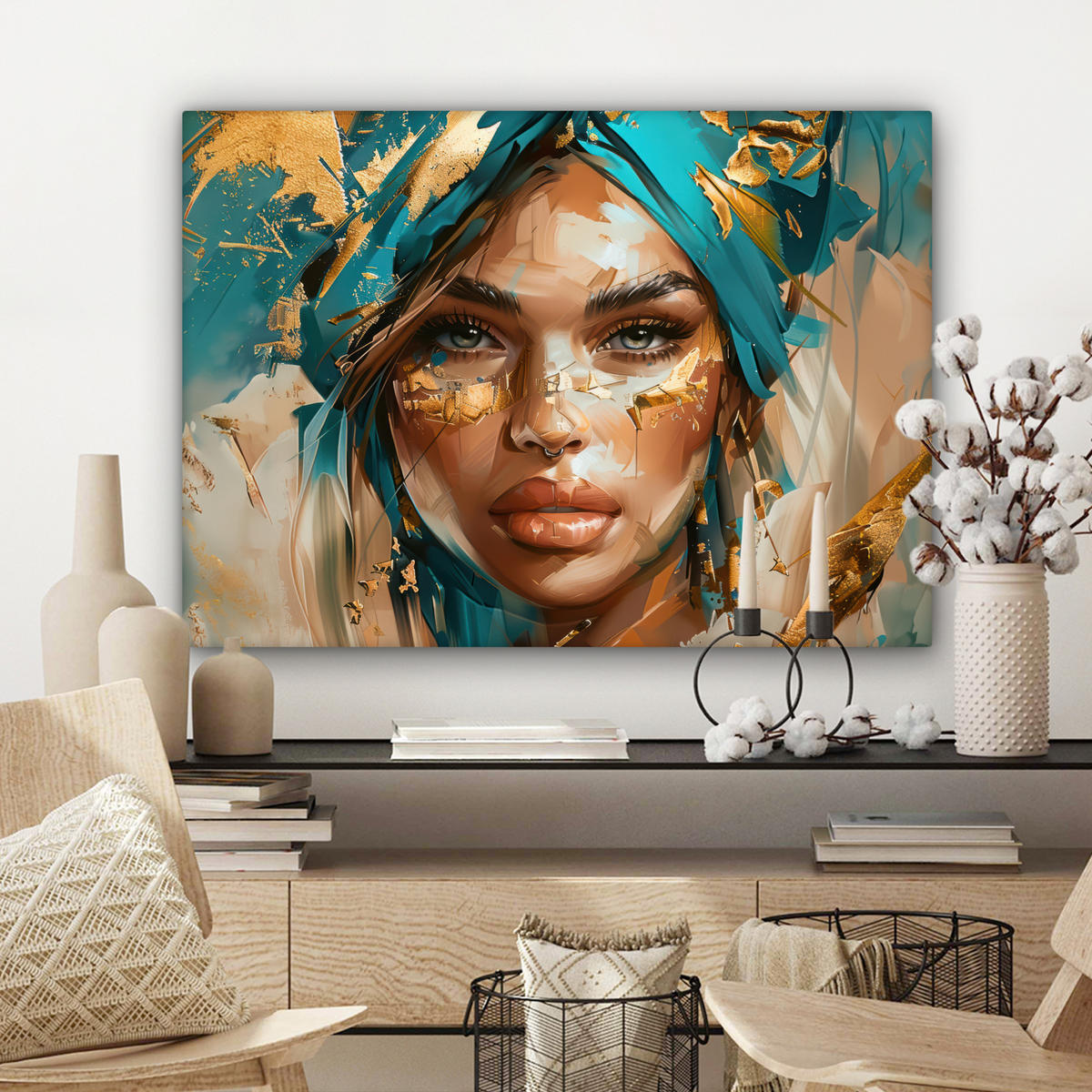 LEINWANDBILD - Frau - Porträt - Gold - Luxus - Blau - 80x60 - Malerei - Türkis, Textil (80/60cm) - MuchoWow