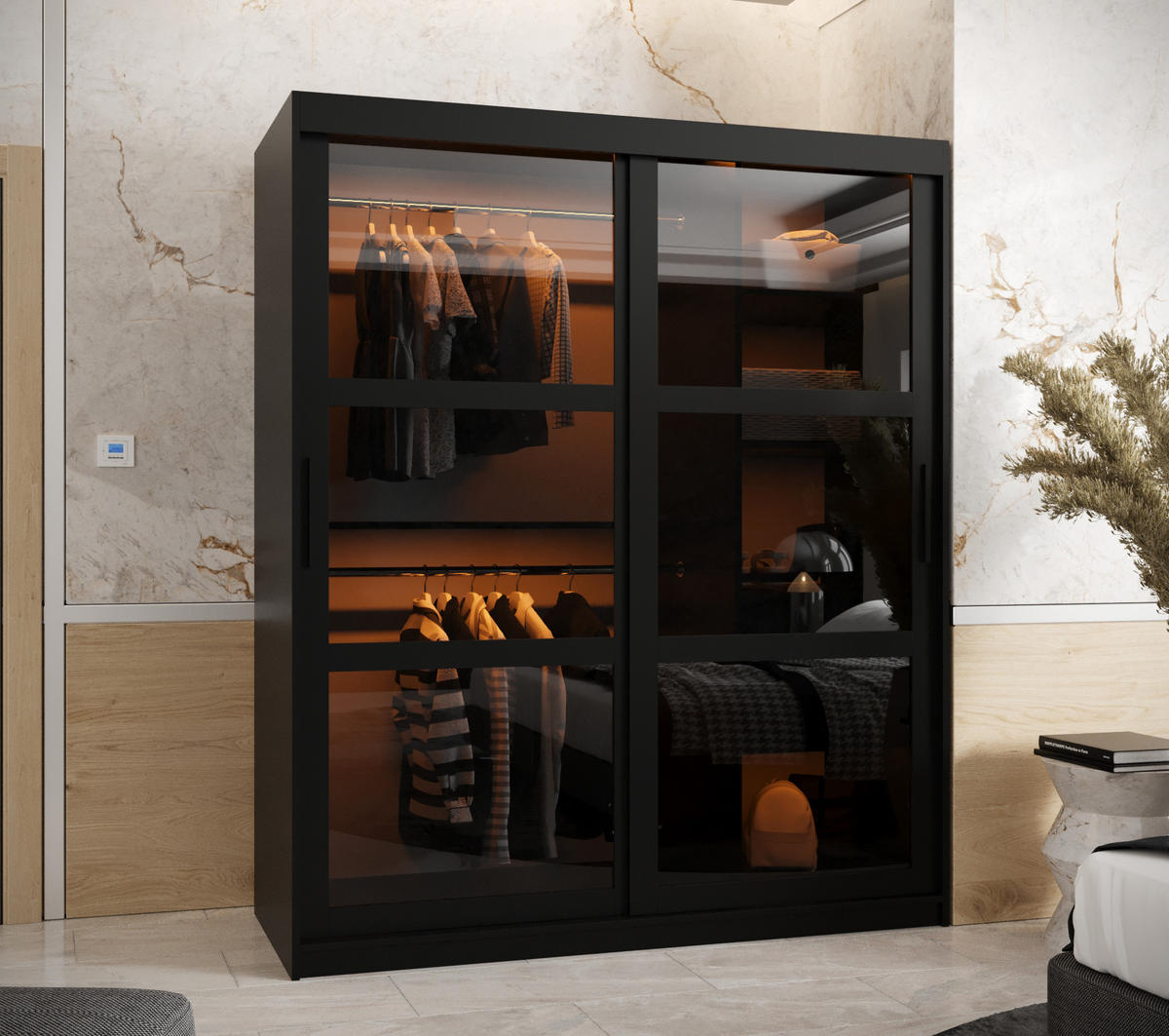 SCHWEBETÜRENSCHRANK 200/150/62 2-türig - Schwarz, Holz/Kunststoff (150/200/62cm) - Abiks Möbel