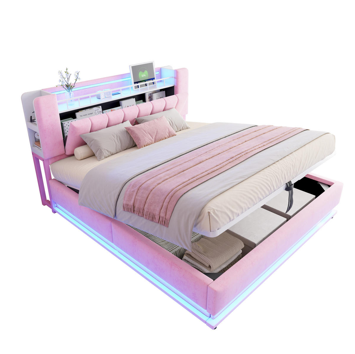 POLSTERBETT mit LED und Stauraum 180x200 cm Samt Rosa - Pink, Metall (180/200cm) - Meubliv