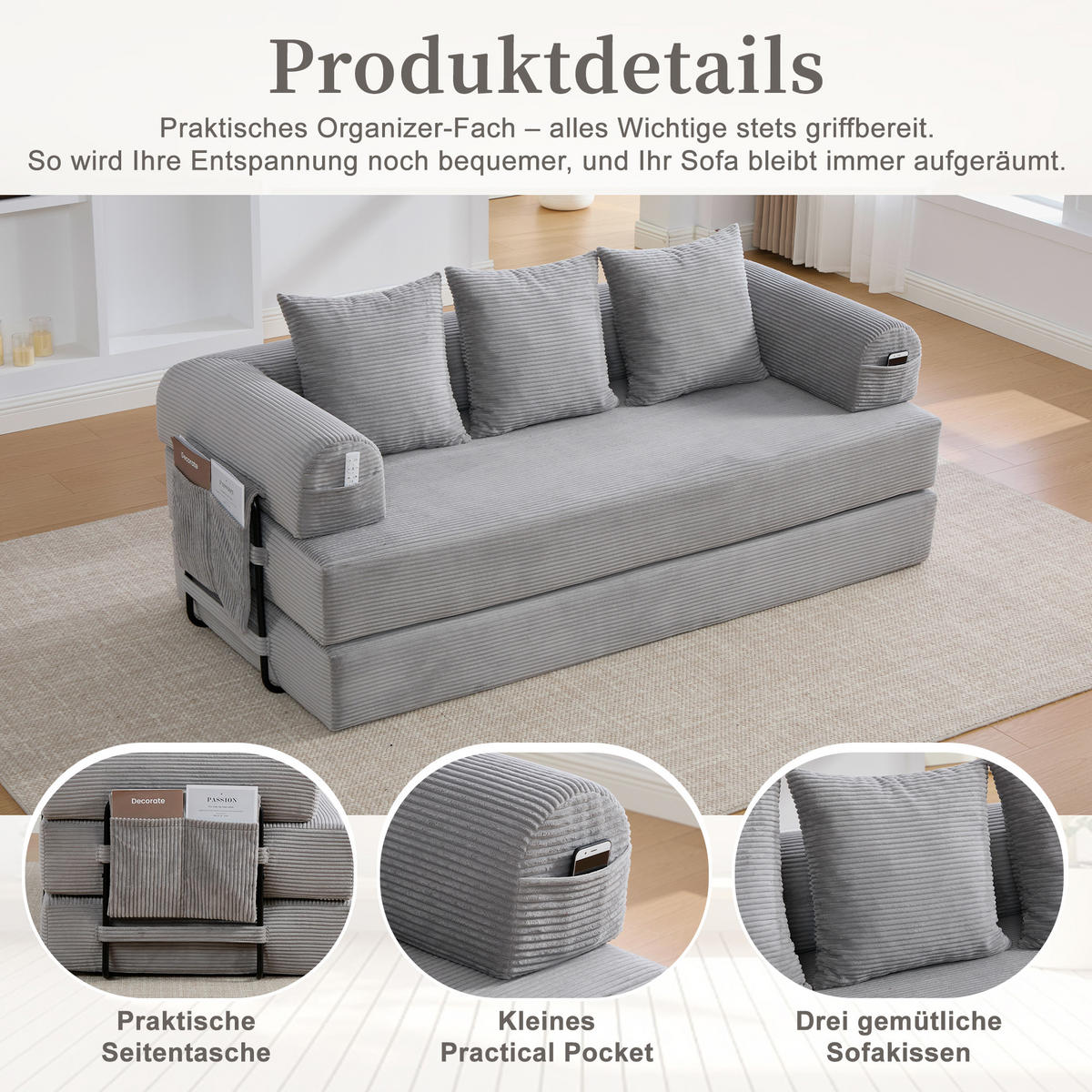 SCHLAFSOFA 200/94/67 cm Hellgrau mit Seitentaschen plus und 3 Kissen - Hellgrau, Textil (200/67/94cm) - Oxeza