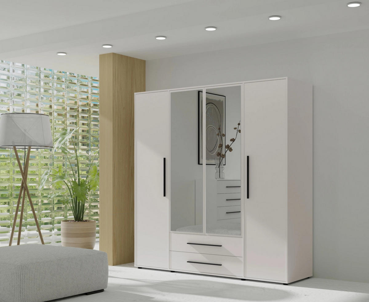 KLEIDERSCHRANK Modena in weißer Farbe, mit Spiegel, mit Tür, mit Türen und Schubladen - Schwarz/Weiß, Holzwerkstoff/Kunststoff (200/206/59cm) - Ravio