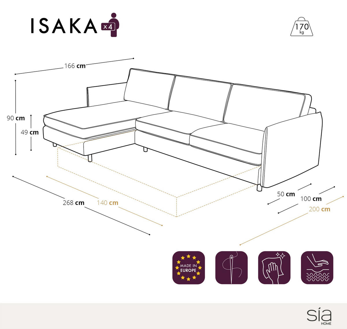 ECKSOFA LINKS Rastergewebe Entenblau 268cm - Blau, Textil (166/268cm) - Sia Home