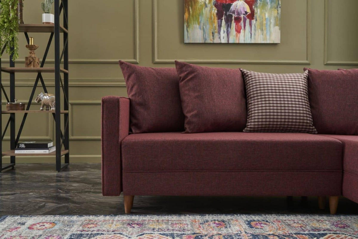 ECKSOFA mit Schlaffunktion, 215 cm Gesamtbreite - Rot/Braun, Holz/Buchenholz (150/215cm) - myHomelando