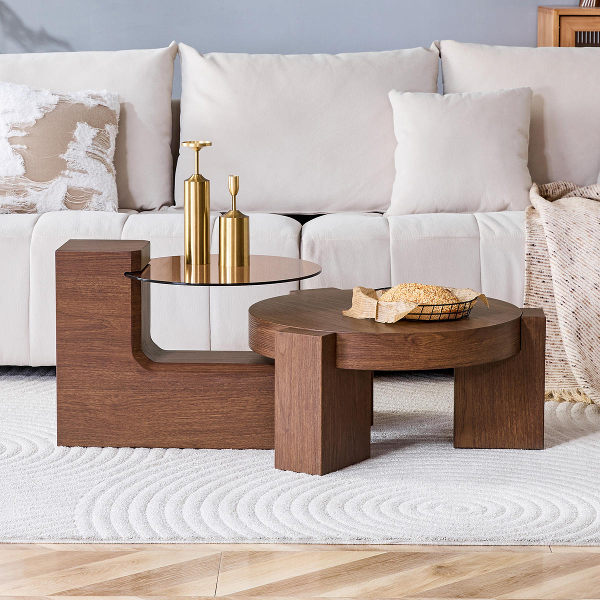 COUCHTISCH in Walnussfarbe 2er-Set Couchtisch-Kombination mit Glasplatte für Wohnzimmer, B44/T62/H44 cm, Ø61/H30 cm - Walnussfarben, Glas/Holzwerkstoff (61/61/30cm) - STILVORA