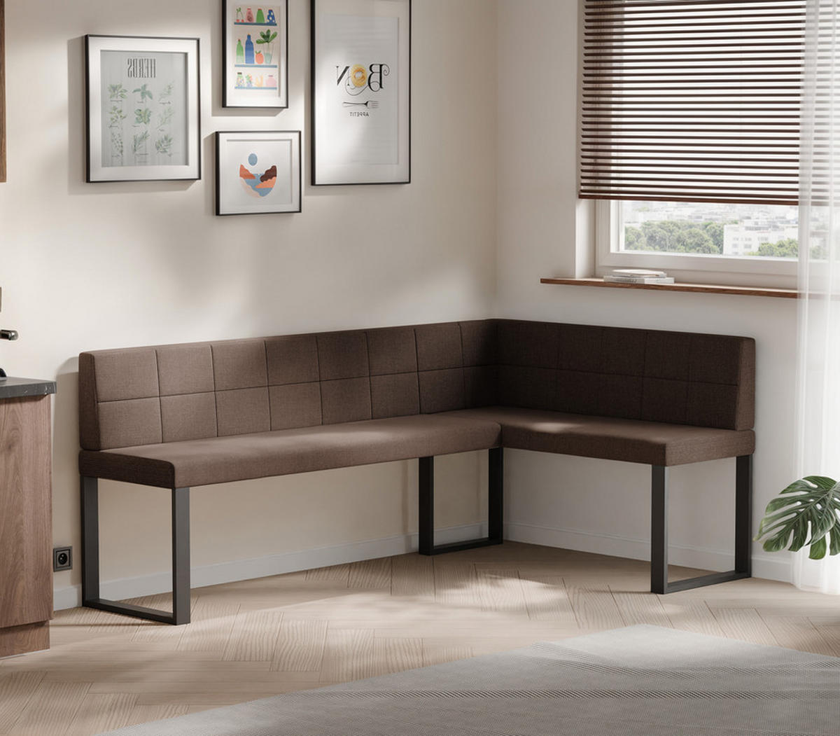 ECKBANK rechts SANA U Webstoff gesteppt, 168/128 cm Braun - Braun, Textil/Metall (128/168cm) - Idohome