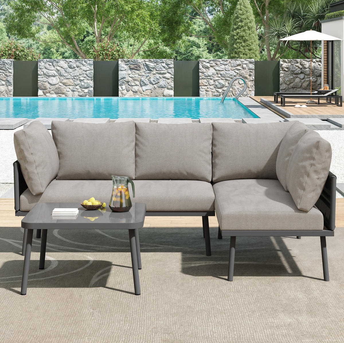 GARTEN-LOUNGE-SET mit Eisenrahmen & Seil, 2 Sofas 120/60/72 cm + Tisch 53/53/36 cm, Grau - Grau, Metall - Redom
